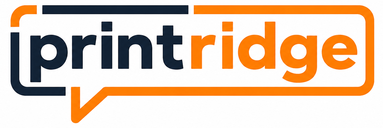 a logo with black and orange color spells PRINTRIDGE