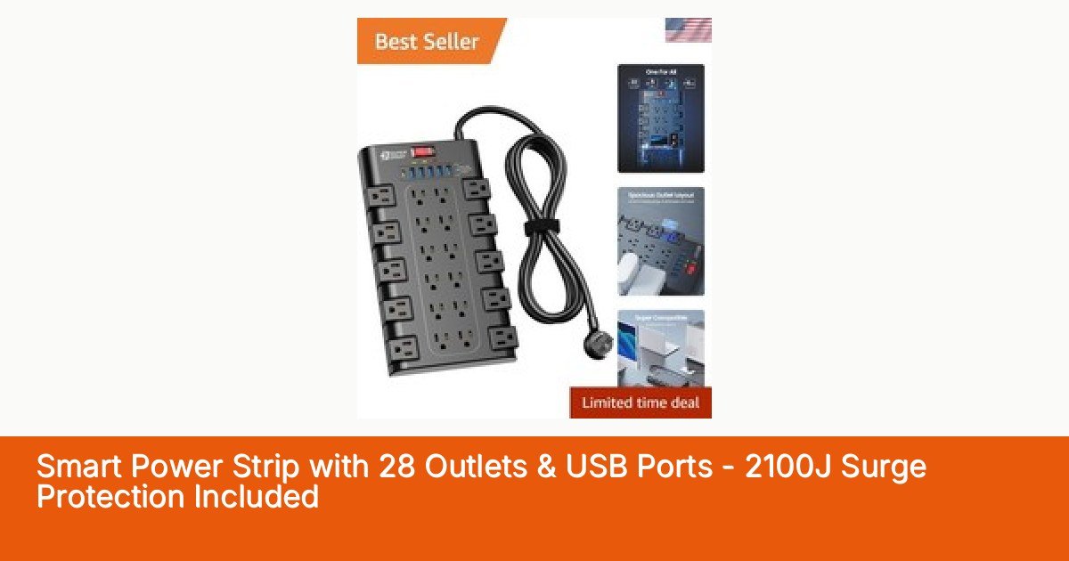 Smart Power Strip with 28 Outlets & USB Ports - 2100J Surge Protection Included